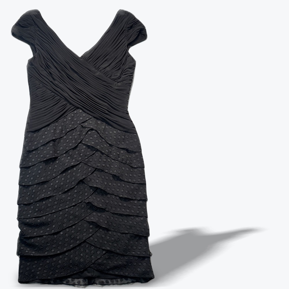 Adrianna Papell Cocktail Dress Black Tiered Ruffle Polka Dot Ruched Size 8